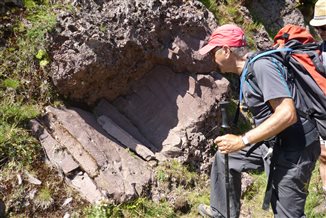 Gilles en observation, Affleurement en bord de piste qui semble montrer des prismes polygonaux de dessication dans une couche p&eacute;litique prise entre deux niveaux de conglom&eacute;rat